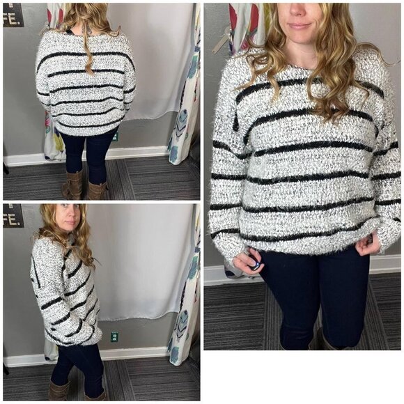Calvin Klein super soft black and white striped Crewneck sweater.  Size XL - Picture 1 of 8